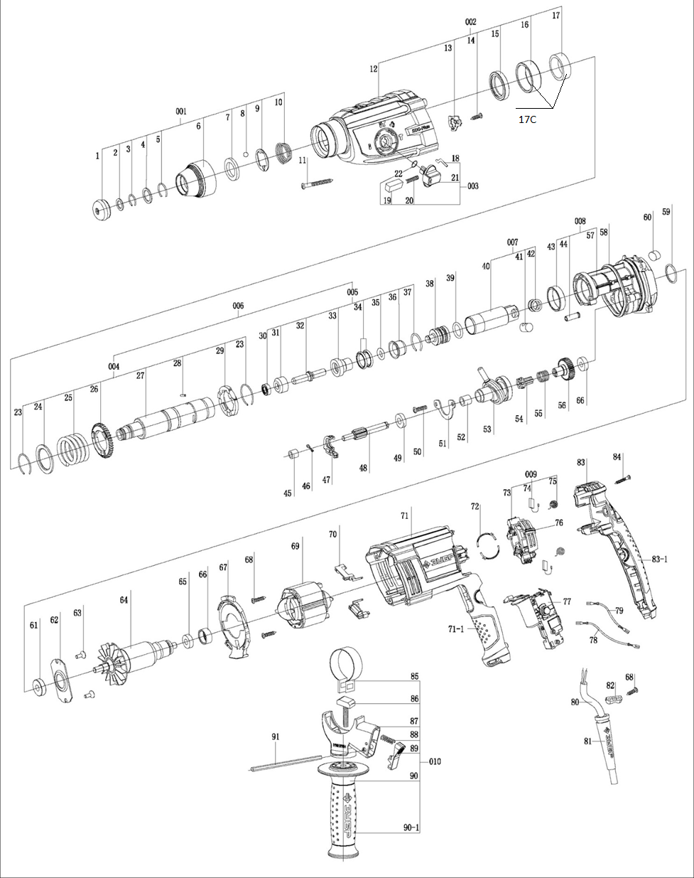 ЗУБР 26 мм, 800 Вт, перфоратор SDS Plus (П-26-800) - посмотреть вариант разборной схемы